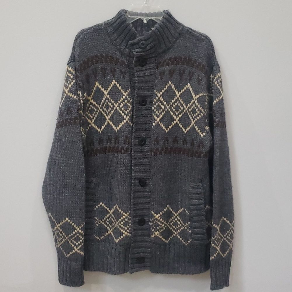 Ruff Hewn Sweater Mens Sz XL Long Wool Blend Gray Cardigan Geometric Pattern